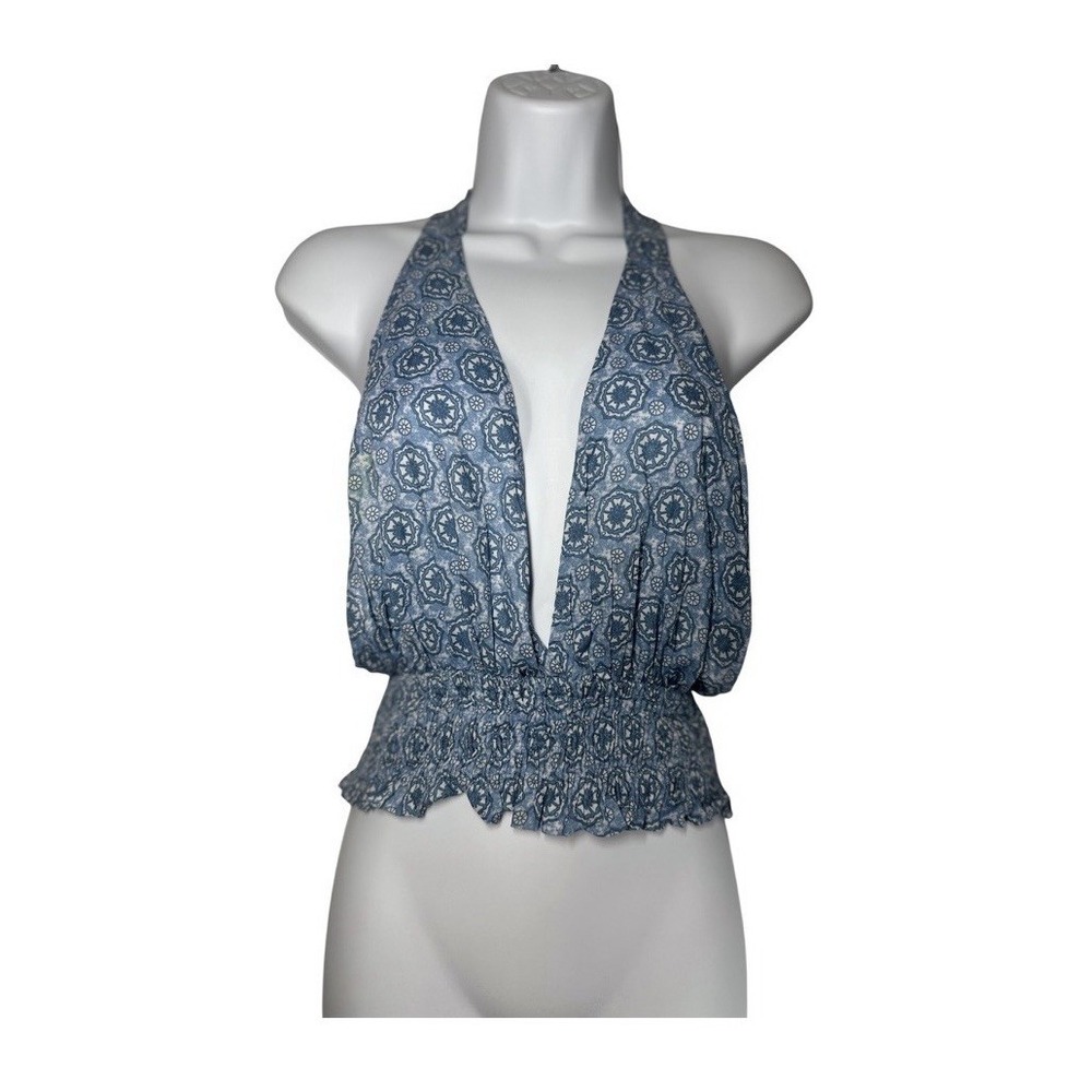 NWT Aqua Bloomingdales Medallion Print Smocked Cropped Women's Halter Top Sz: XS